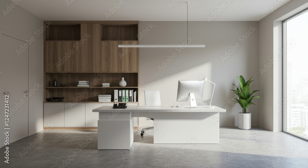 A minimalistic CEO office with a sleek white desk and modern decor