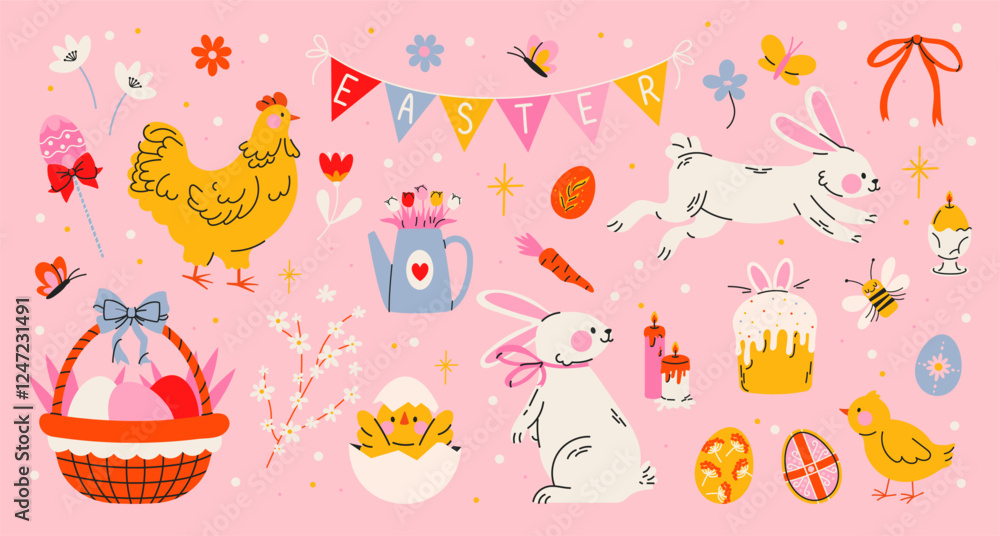 Easter holiday stickers set in abstract 90s retro style. Collection of spring elements, rabbits, eggs, Christian holiday, Easter basket, flowers, chicken. Vector groovy illustration, isolated Easter holiday stickers set in abstract 90s retro style. Collection of spring elements, rabbits, eggs, Christian holiday, Easter basket, flowers, chicken. Vector groovy illustration, isolated