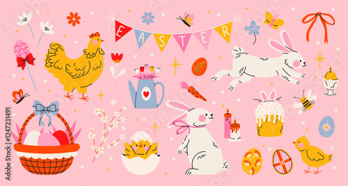 Easter holiday stickers set in abstract 90s retro style. Collection of spring elements, rabbits, eggs, Christian holiday, Easter basket, flowers, chicken. Vector groovy illustration, isolated