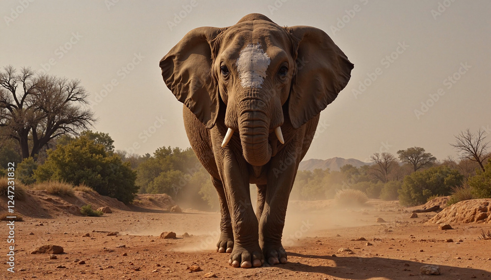Obraz premium Majestic elephant walking through dusty landscape, nature's beauty