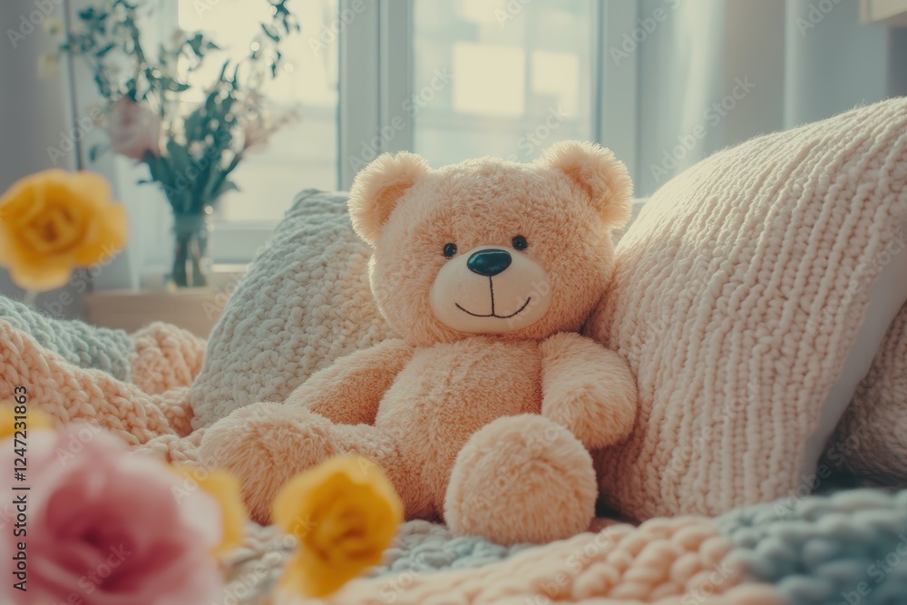 Teddy bear on cozy bed surrounded by soft pillows and warm natural lighting