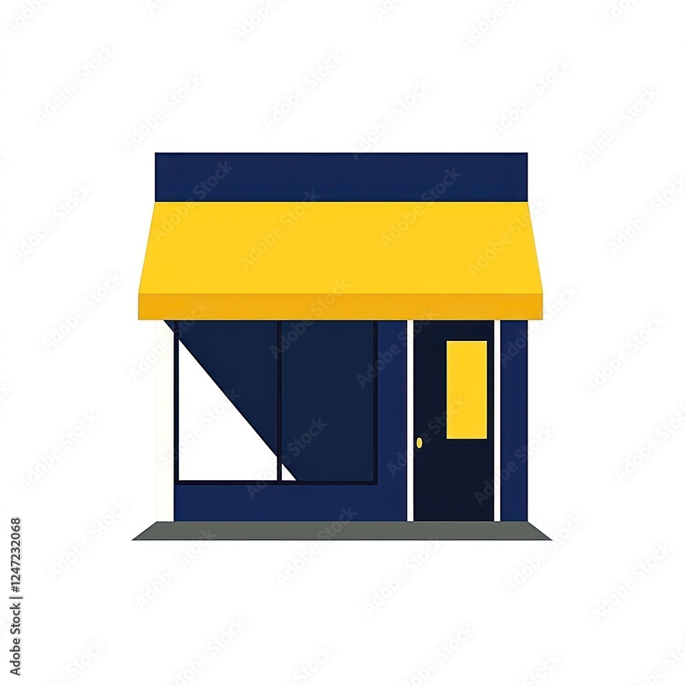 Small store building with yellow awning; facade of storefront for commercial use Small store building with yellow awning; facade of storefront for commercial use