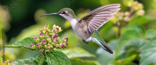 A hummingbird softly landing on a flower, spreading joy with its delicate wings