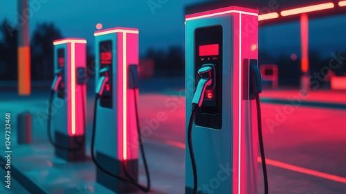 Electric vehicle charging stations glow with neon lights at dusk, creating futuristic ambiance