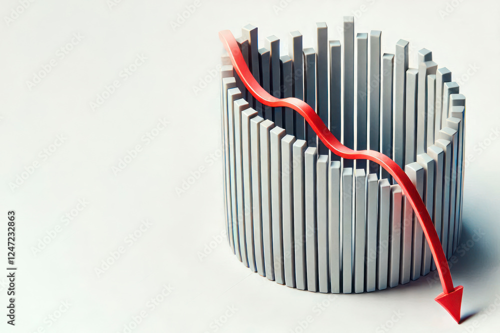 Obraz premium A red down arrow on the background of a column chart. Space for text.