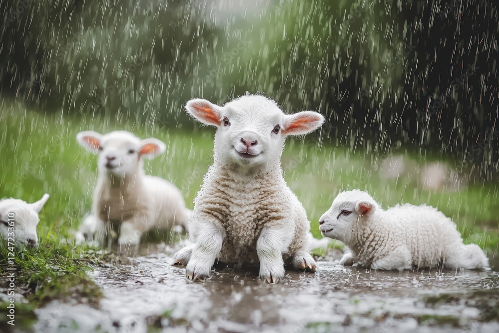 Fototapeta premium A little lamb playing in the rain with its friends