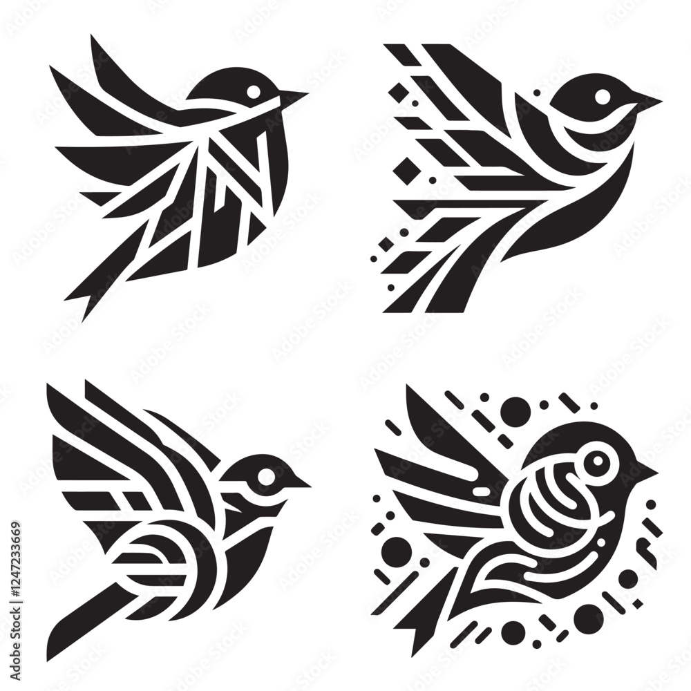 Obraz premium A vector set of flying birds, including doves, pigeons, and eagles, illustrated with wings outstretched in symbols of peace and freedom
