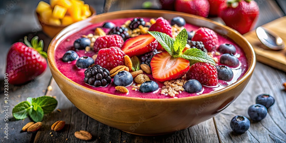 Vibrant Berry Smoothie Bowl - Fresh Fruit & Nut Topping - Documentary Style Food Photography Vibrant Berry Smoothie Bowl - Fresh Fruit & Nut Topping - Documentary Style Food Photography