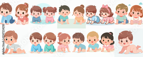 vector set of cheerful babies crawling