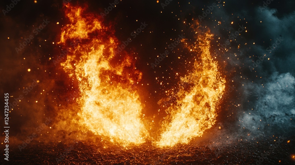 Fototapeta premium Fiery Inferno Clashing with Smoke, Night, Background Sparks, VFX