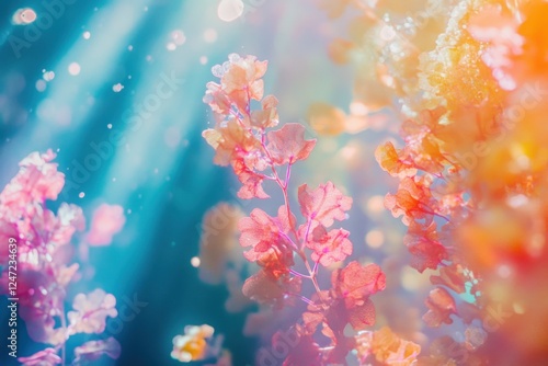 Colorful underwater flora illuminated by sunlight in a serene marine environment