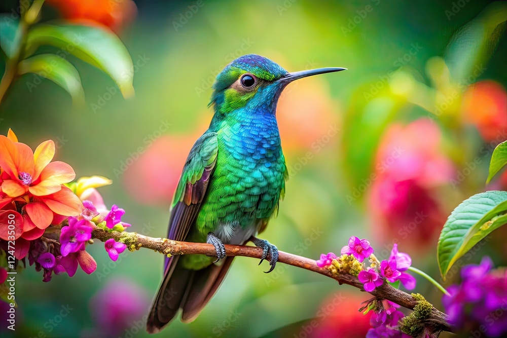 Vibrant Hummingbird in Colombian Garden - Bokeh Effect Vibrant Hummingbird in Colombian Garden - Bokeh Effect