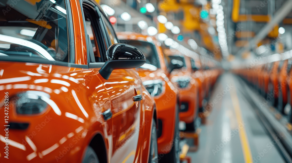 Obraz premium row of vibrant orange cars in automated factory setting, showcasing modern manufacturing