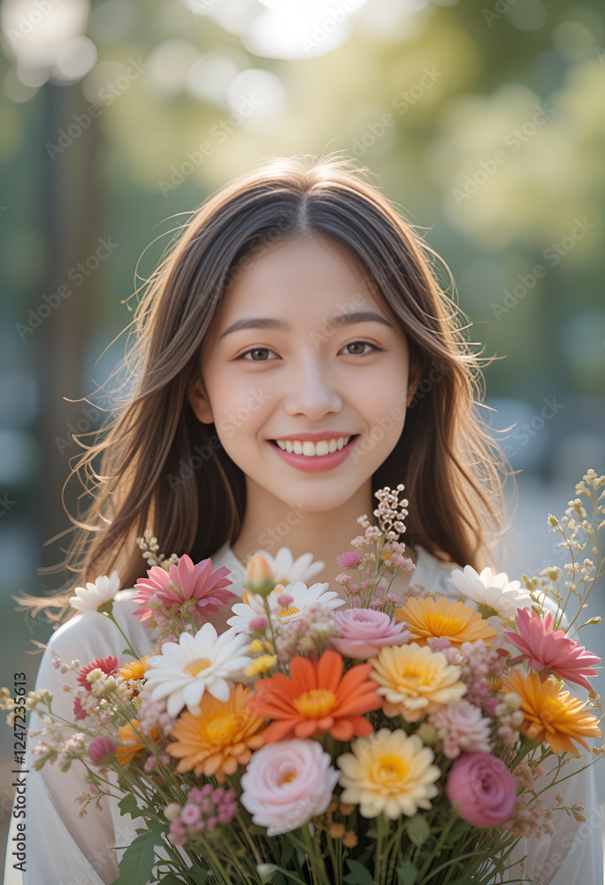 a girl with long hair, smiling, holding a bright bouquet of flowers in her hands. She looks happy and gentle, creating an atmosphere of joy and spring mood. a girl with long hair, smiling, holding a bright bouquet of flowers in her hands. She looks happy and gentle, creating an atmosphere of joy and spring mood.