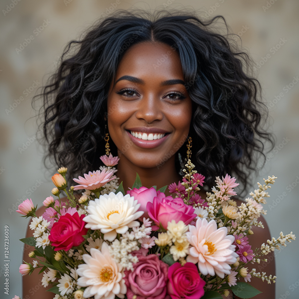 a girl with long hair, smiling, holding a bright bouquet of flowers in her hands. She looks happy and gentle, creating an atmosphere of joy and spring mood. a girl with long hair, smiling, holding a bright bouquet of flowers in her hands. She looks happy and gentle, creating an atmosphere of joy and spring mood.