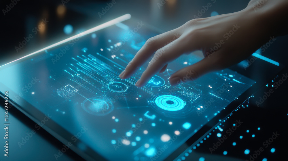 Touchscreen technology illustrates intricate galaxy design with glowing patterns and data visualization at a futuristic exhibition Touchscreen technology illustrates intricate galaxy design with glowing patterns and data visualization at a futuristic exhibition