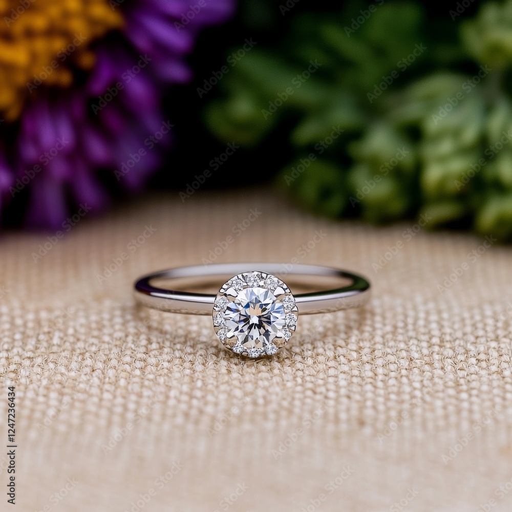 Elegant Floral Design Diamond Ring Set on Neutral Background with Textured Surface Elegant Floral Design Diamond Ring Set on Neutral Background with Textured Surface