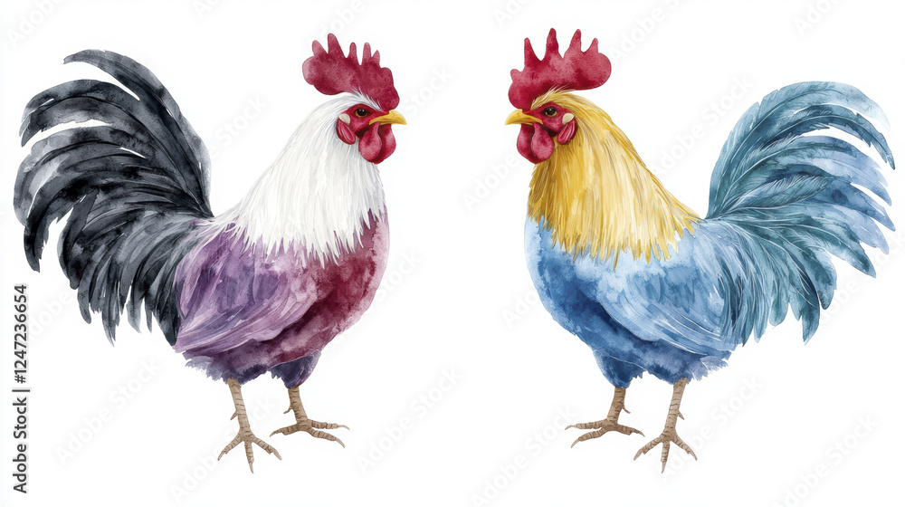 Fototapeta premium Regal roosters with vibrant plumage, showcasing striking colors and elegant feathers