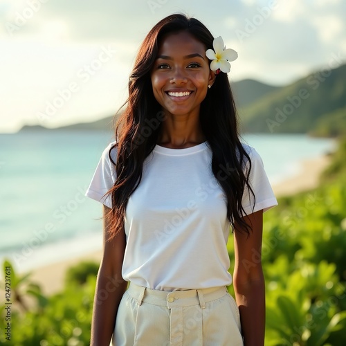 Women's white t-shirt mockup. A young African American woman in a short-sleeve T-shirt stands on the seashore on a tropical beach with palm trees.