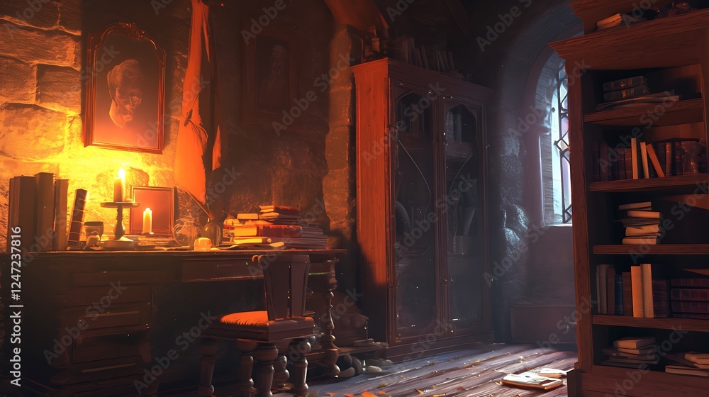 Ancient Study Room with Candles and Books Ancient Study Room with Candles and Books