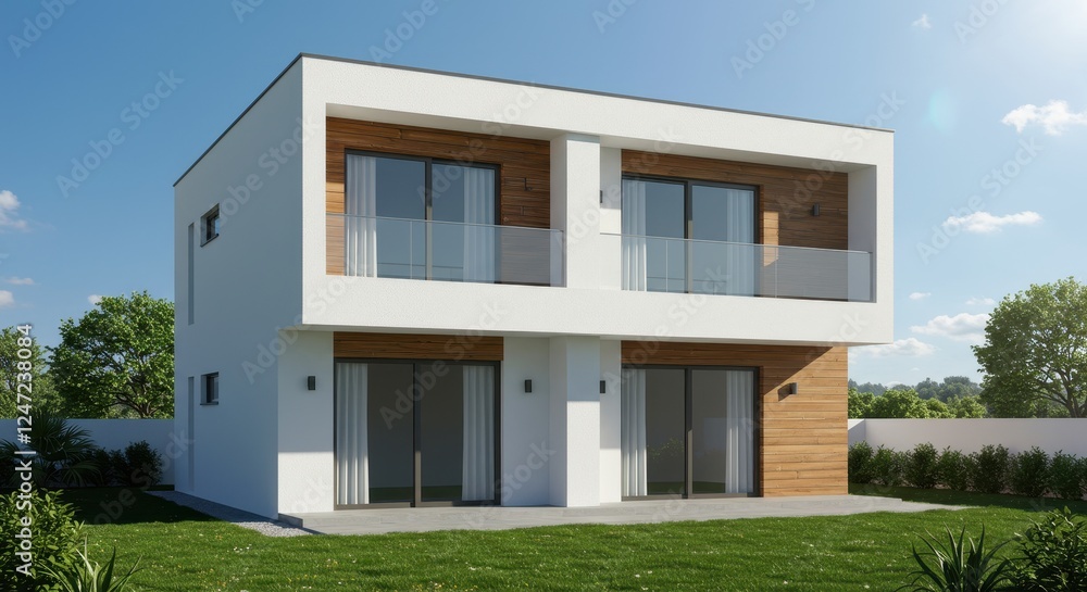A sleek modern two story house with clean white walls and wooden accents A sleek modern two story house with clean white walls and wooden accents