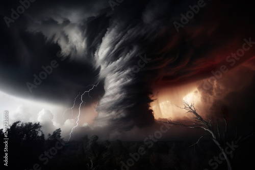 A Powerful Tornado Swirls Aggressively in a Dark Stormy Sky, Inducing Fear and Awe photo