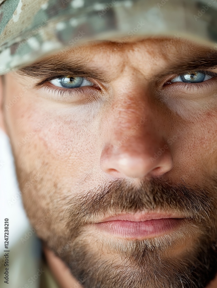 Obraz premium Young male soldier in uniform with focused expression isolated on white background emphasizing determination and duty