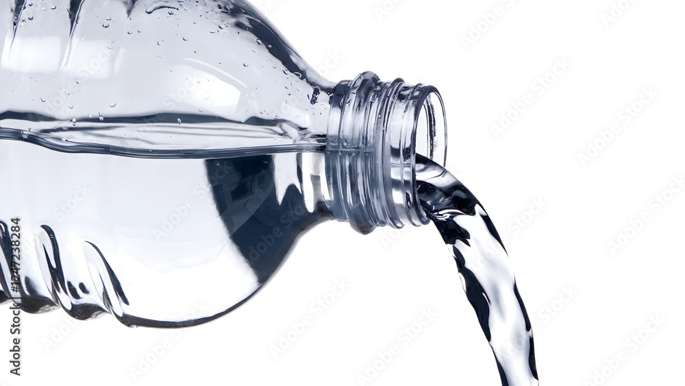 Close-Up of Water Pouring from a Clear Plastic Bottle on a White Background Close-Up of Water Pouring from a Clear Plastic Bottle on a White Background