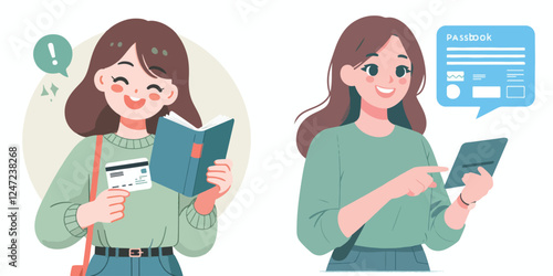 vector set of happy young women looking at savings book