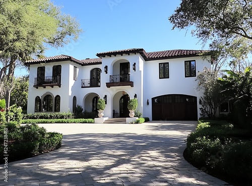 Modern contemporary-style home in Miami, Florida, with white walls and dark wood accents, a large front driveway, landscaping, and trees