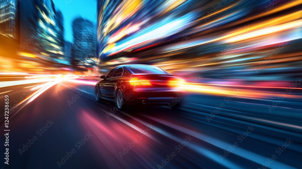 Speeding car on city street at night with light trails, fast motion concept