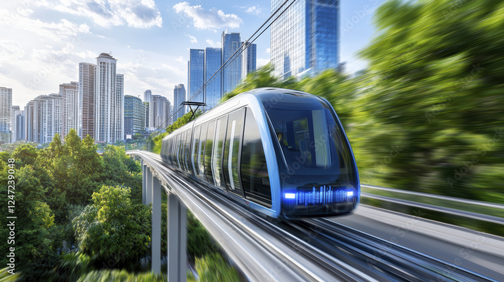 Fototapeta premium Futuristic urban train speeding through green cityscape with skyscrapers
