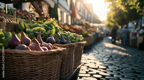 A charming European-style farmerâs market with beautifully arranged wicker baskets filled with figs, pears, and radishes, surrounded by cobblestone streets and warm morning sunligh photo