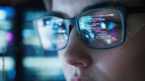 Wallpaper Mural A close-up of a female coderâs hands typing on a backlit keyboard, multiple screens filled with colorful programming scripts reflecting in her glasses. Torontodigital.ca