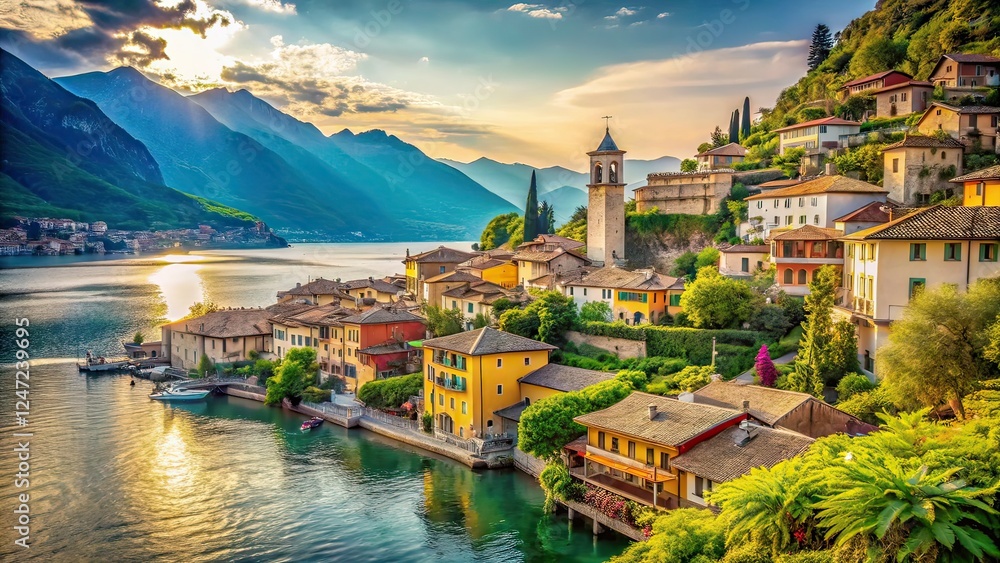 Fototapeta premium Vintage Limone sul Garda Coast Photography, Italian Lakeside, Charming Scenery