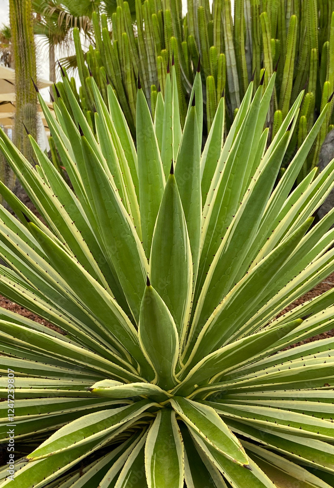 Fototapeta premium Agave angustifolia or Caribbean agave, Marginata tropical succulent plant in the street of Tenerife,Canary Islands,Spain.