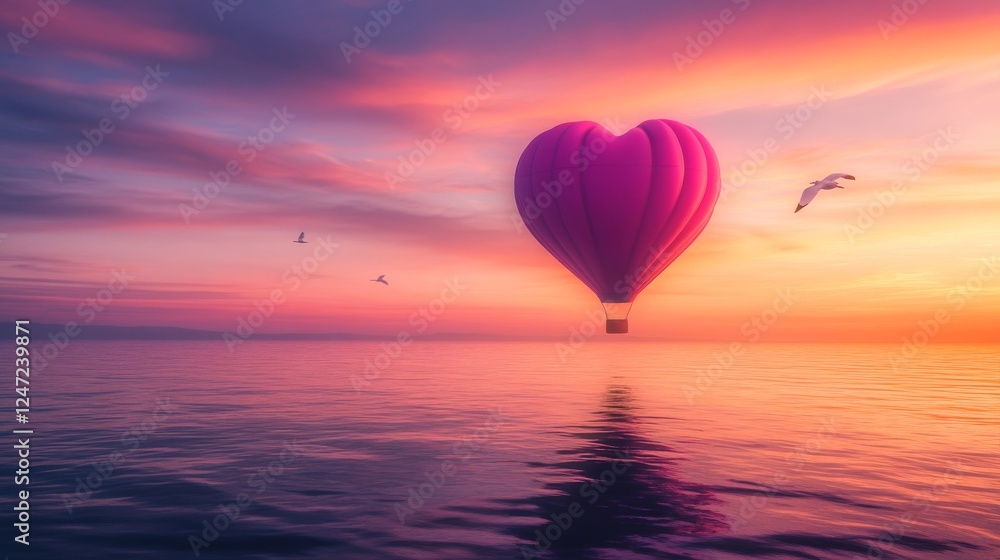 Fototapeta premium Heart-shaped hot air balloon over ocean during sunset with birds flying nearby, romantic travel and adventure concept
