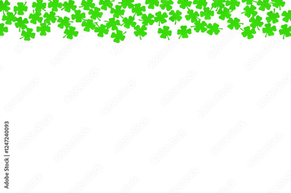 St Patrick's Day festive background - upper border of green quatrefoils isolated on white background St Patrick's Day festive background - upper border of green quatrefoils isolated on white background