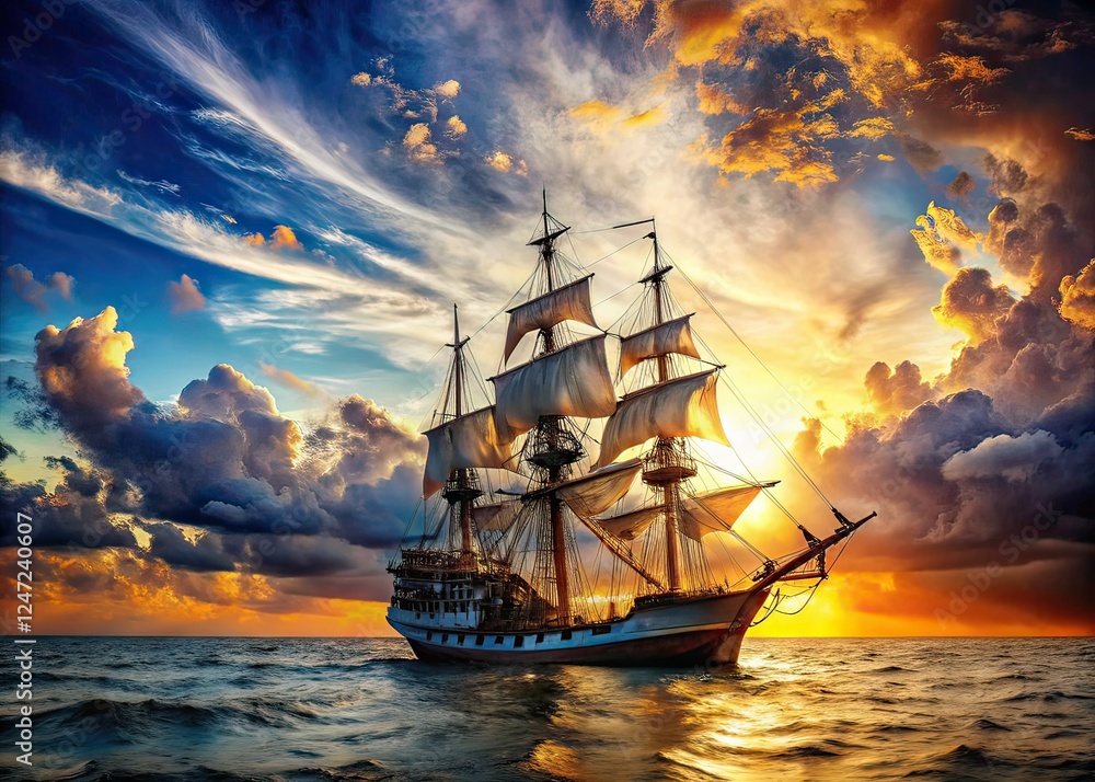 Obraz premium Vintage Pirate Ship, Open Ocean, Double Exposure