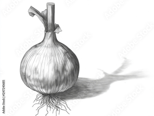 Black and white illustration of a garlic bulb with detailed shading and a dramatic shadow effect photo