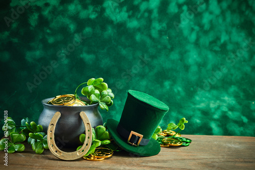 St. Patrick's Day Symbols. A festive setup with a pot of gold, leprechaun hat, horseshoe, and shamrocks