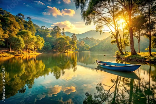 Vintage Situ Patengan Lake Bandung Indonesia, Blue Boat, Trees photo