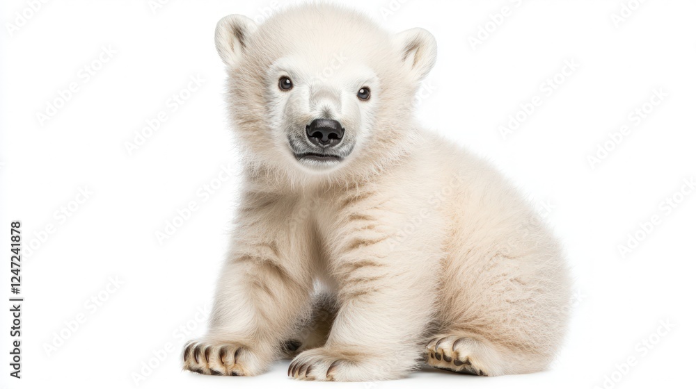 Fluffy polar bear cub sitting with a playful expression, isolated on a white background. Fluffy polar bear cub sitting with a playful expression, isolated on a white background.