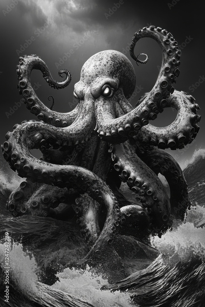 Obraz premium Black and white octopus monster