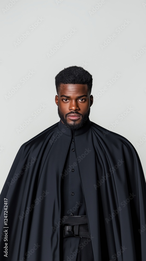 Mysterious black male magician in a flowing cape poses dramatically against a clean white background Mysterious black male magician in a flowing cape poses dramatically against a clean white background