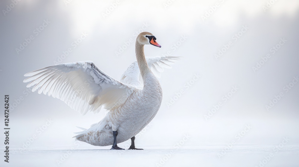 Obraz premium Graceful swan with its wings slightly open, isolated on a white background.