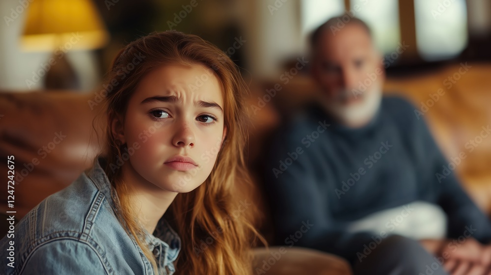 A teenage girl with long wavy hair, wearing a denim jacket, sits on a couch looking skeptical while an older man in the background listens. A teenage girl with long wavy hair, wearing a denim jacket, sits on a couch looking skeptical while an older man in the background listens.