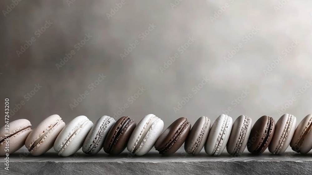 Elegant arrangement of assorted macarons on stone surface for dessert presentation Elegant arrangement of assorted macarons on stone surface for dessert presentation