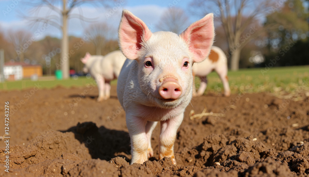 Cute piglet standing on a muddy farm field Cute piglet standing on a muddy farm field
