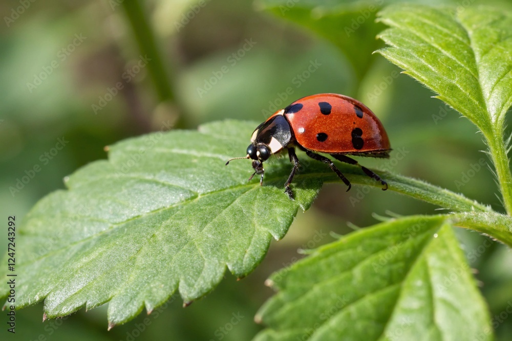 Beautiful Red Ladybug Walking on Green Garden Leaf Beautiful Red Ladybug Walking on Green Garden Leaf